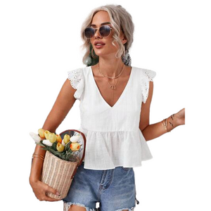 White Eyelet Ruffle Sleeve Peplum Blouse Linen Look Feminine Girly Coastal